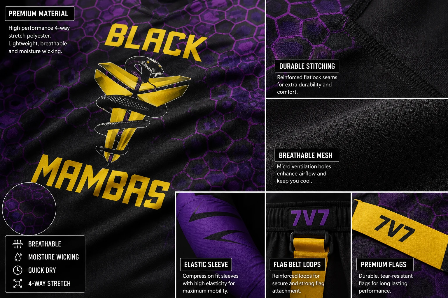Black & Purple 7v7 Flag Football Uniform Detail view