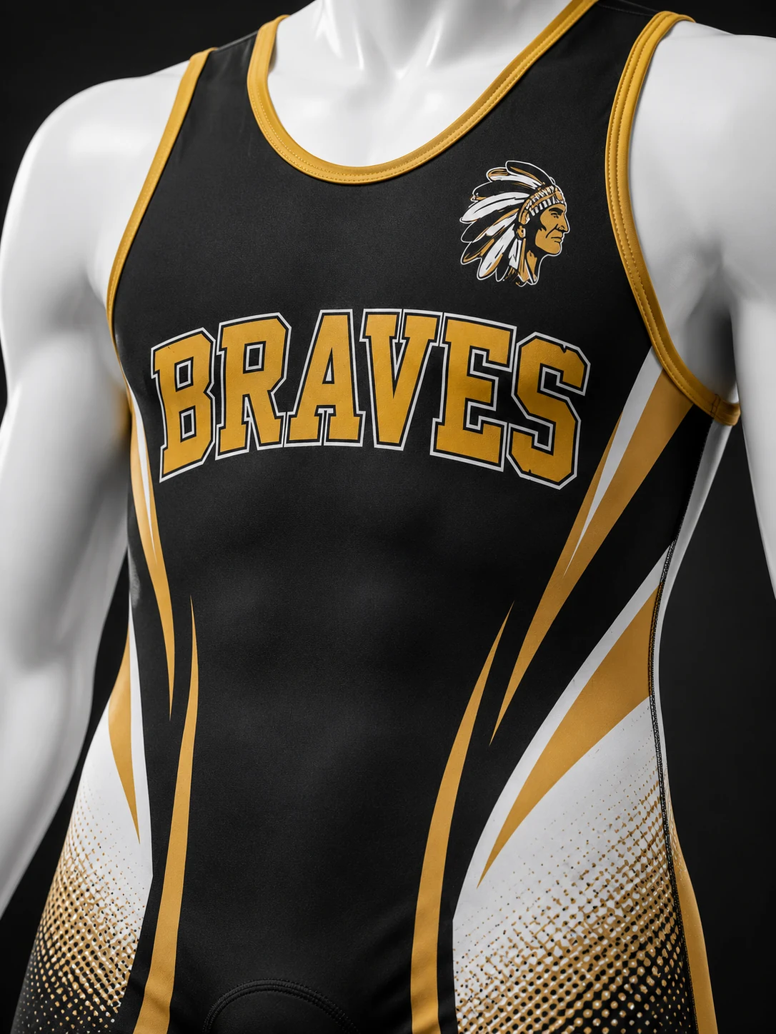 Black & Gold Wrestling Singlet Close-up view