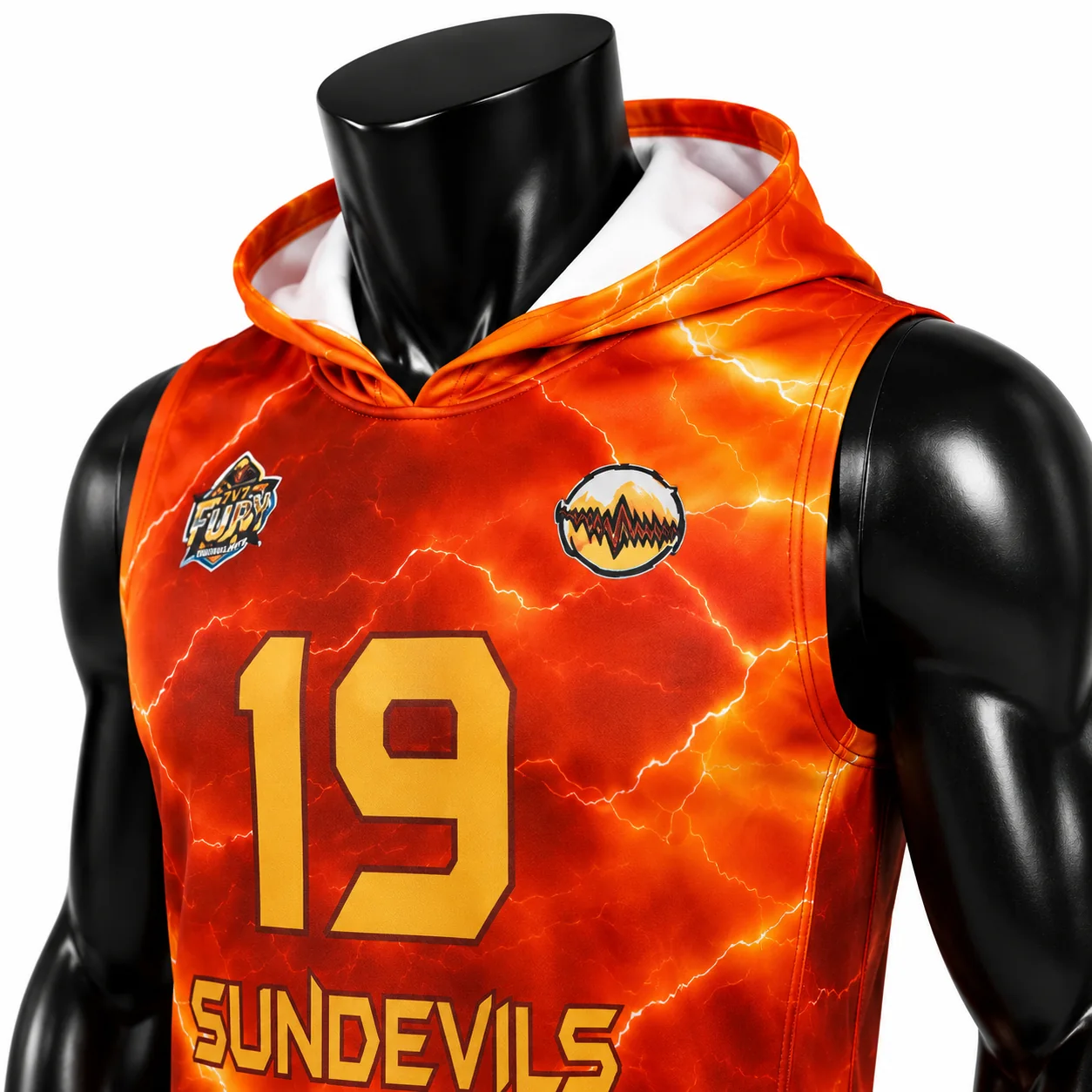 Close-up of a sublimated orange lightning 7v7 jersey