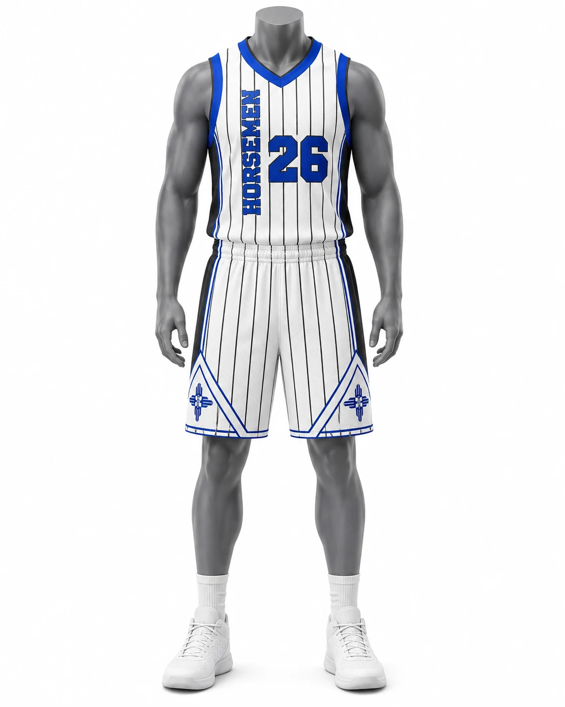 White & Royal Blue Pinstripe Basketball Uniform