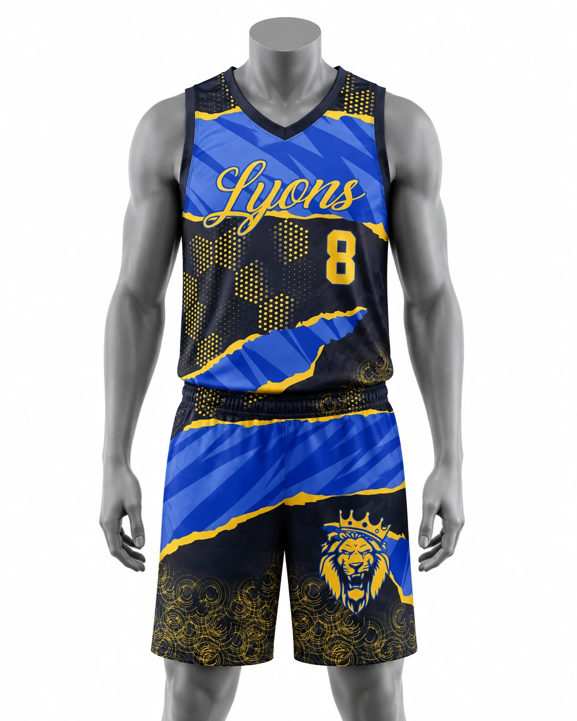 Royal Blue, Navy & Gold Lions Basketball Uniform