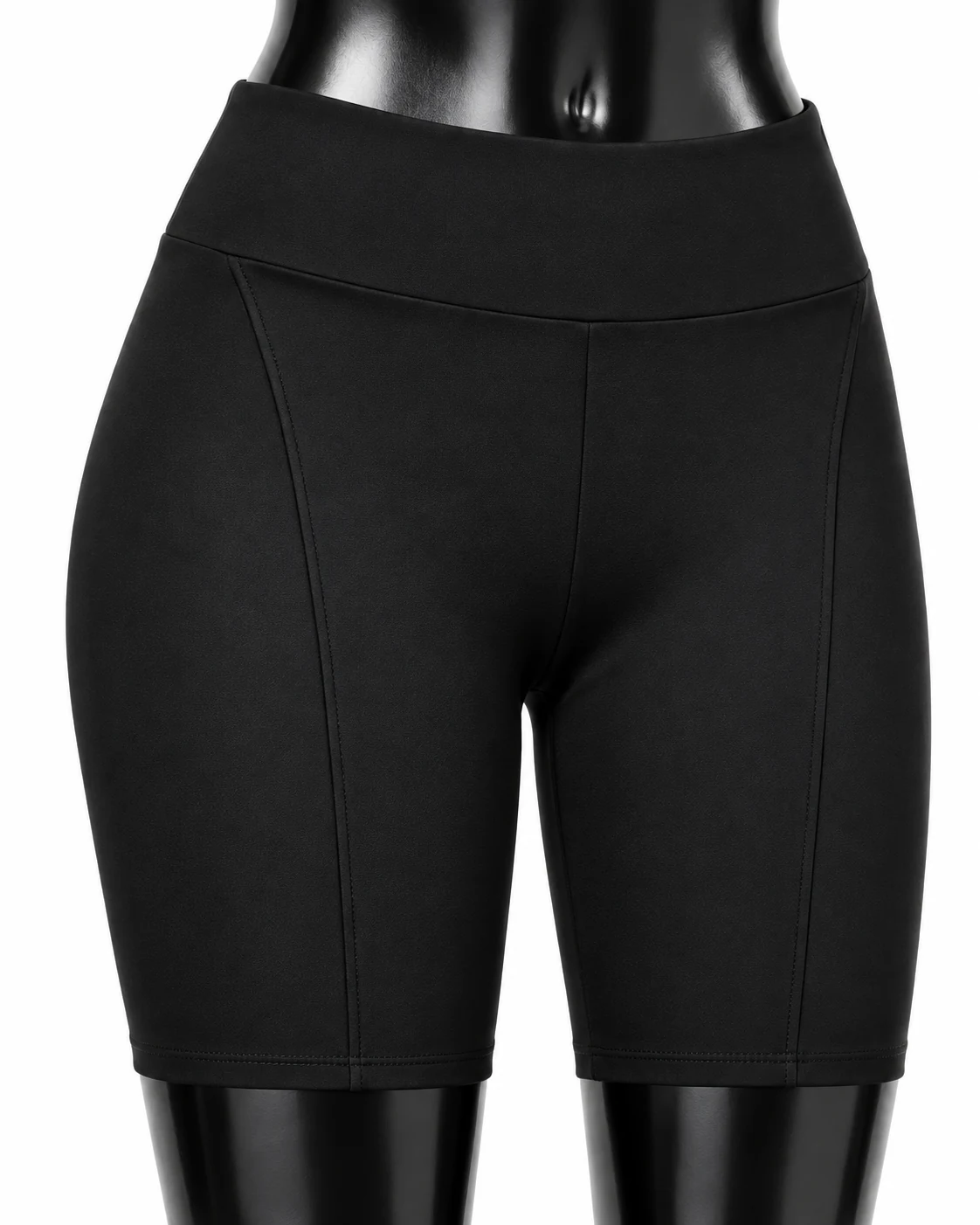 Black High-Waist Biker Shorts Waistband seam detail view