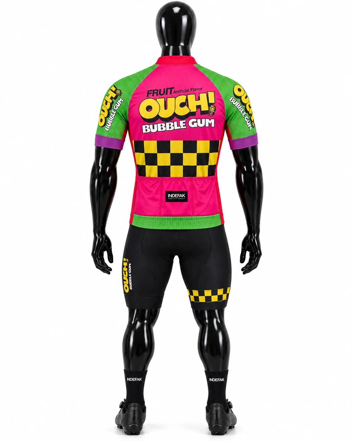 Pink Green & Yellow Checkerboard Custom Cycling Uniform Back view