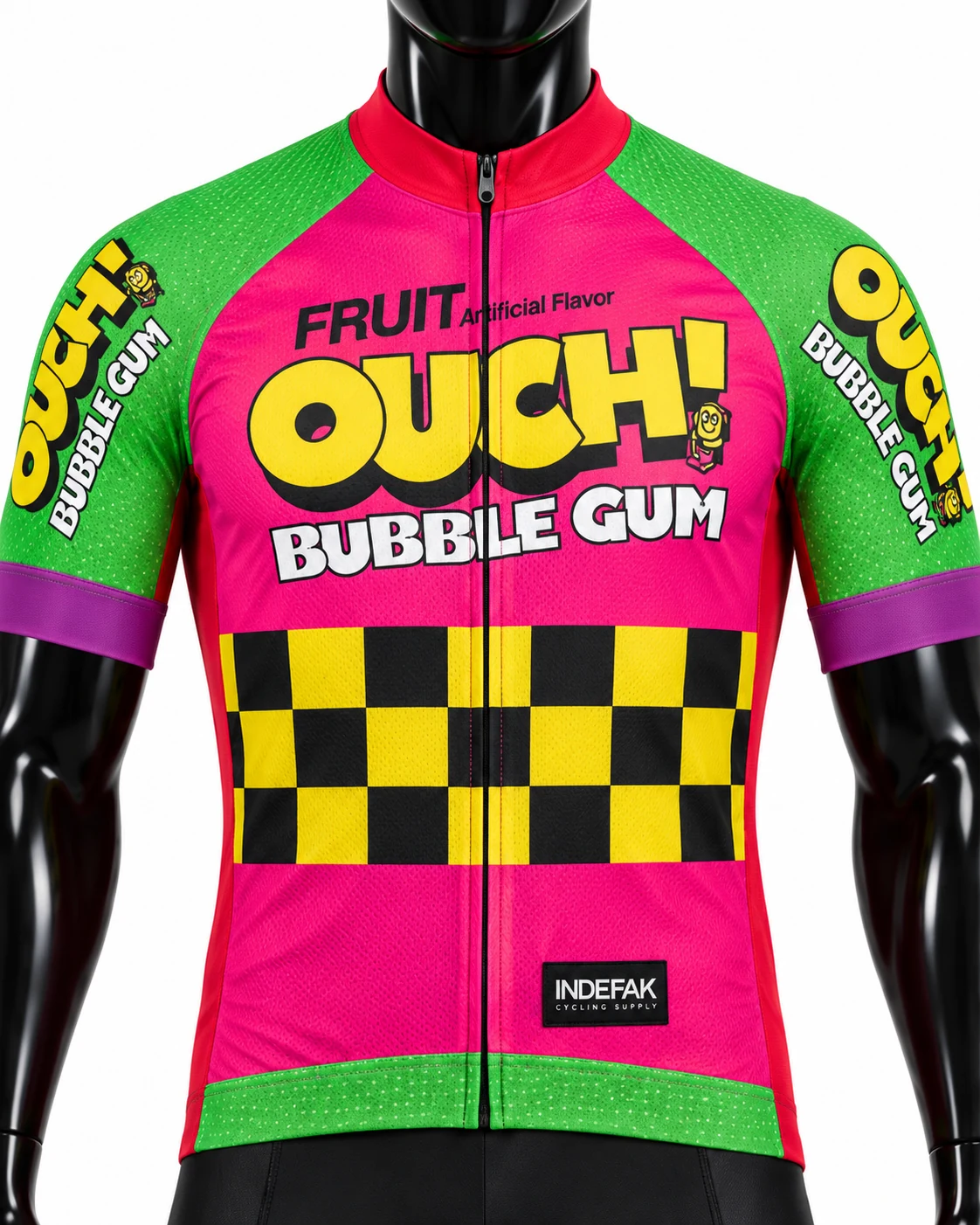 Pink Green & Yellow Checkerboard Custom Cycling Uniform Detail view
