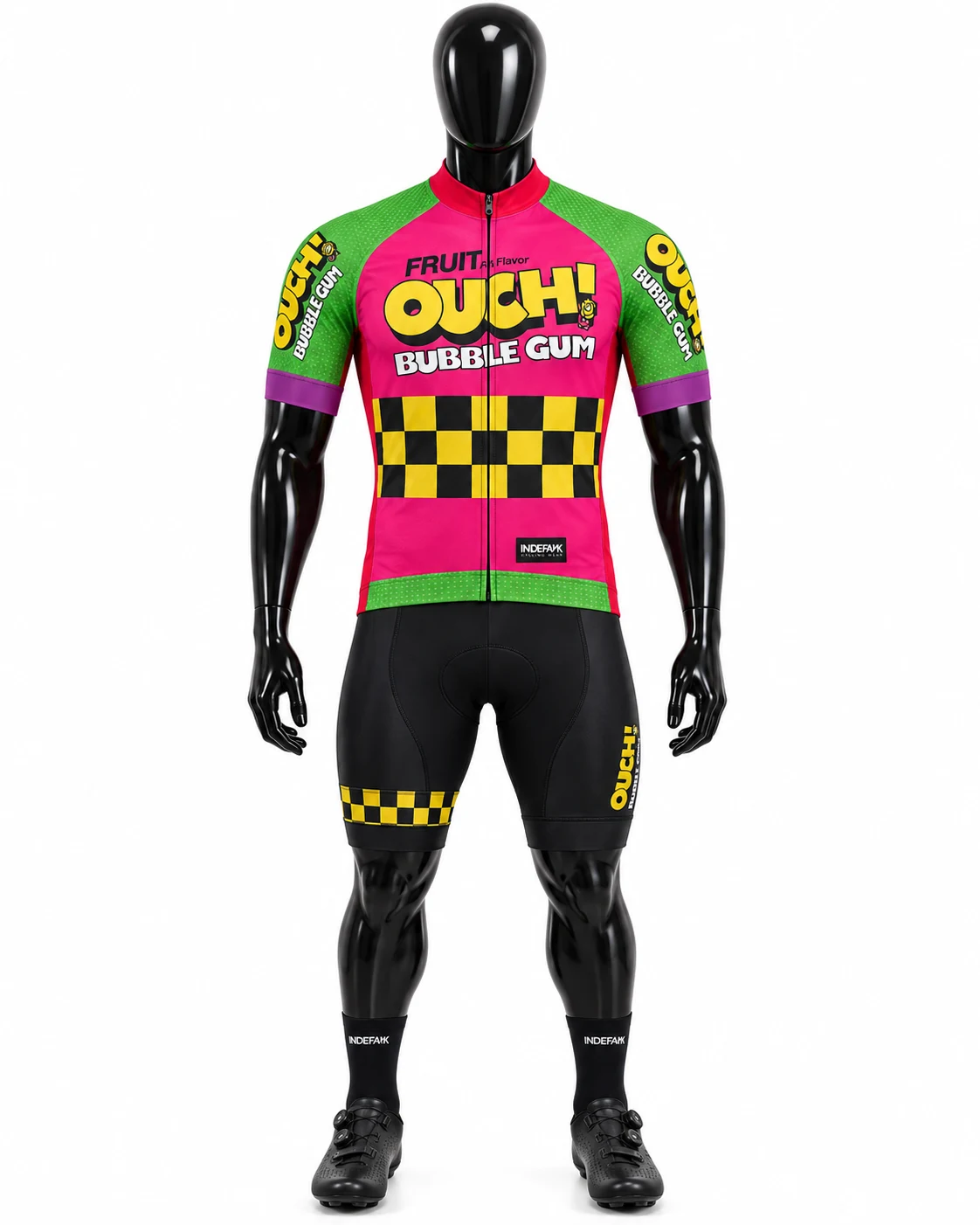 Pink Green & Yellow Checkerboard Custom Cycling Uniform front view