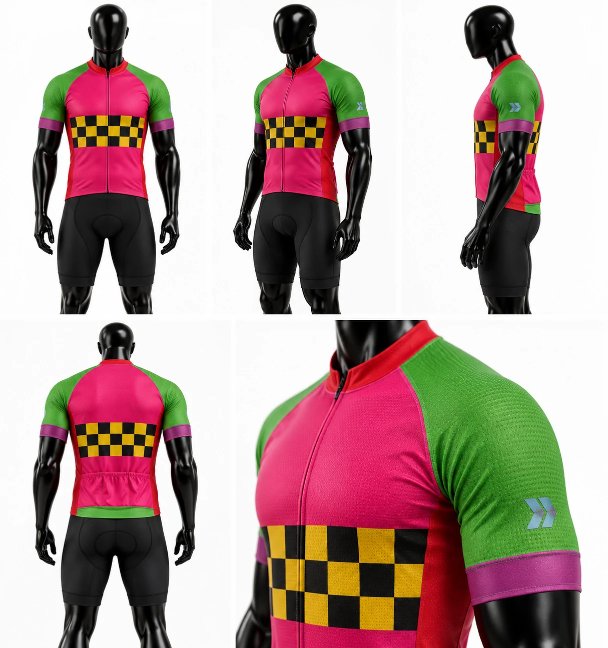 Pink Green & Yellow Checkerboard Custom Cycling Uniform Multi view view