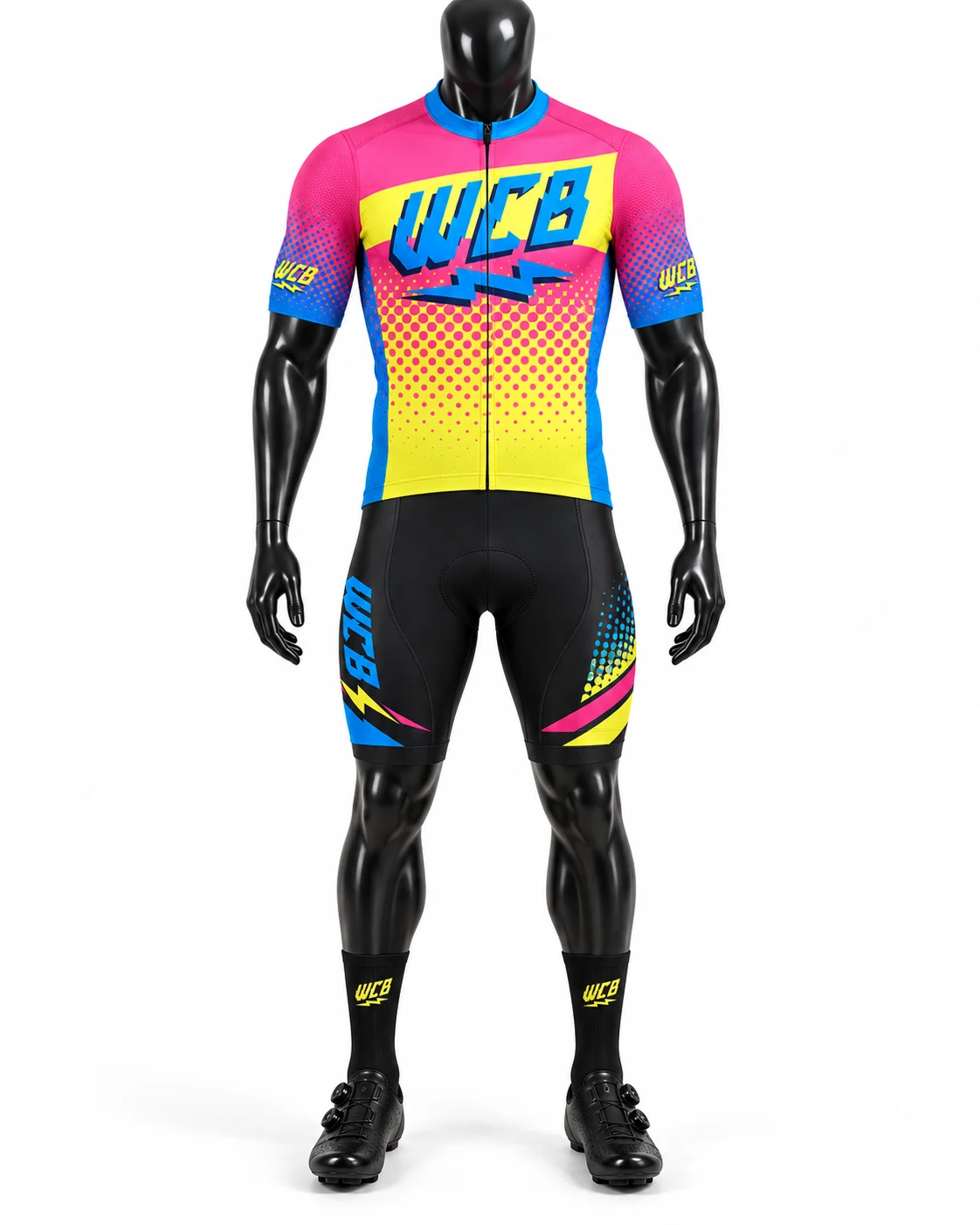 Pink Yellow & Blue Custom Cycling Uniform front view