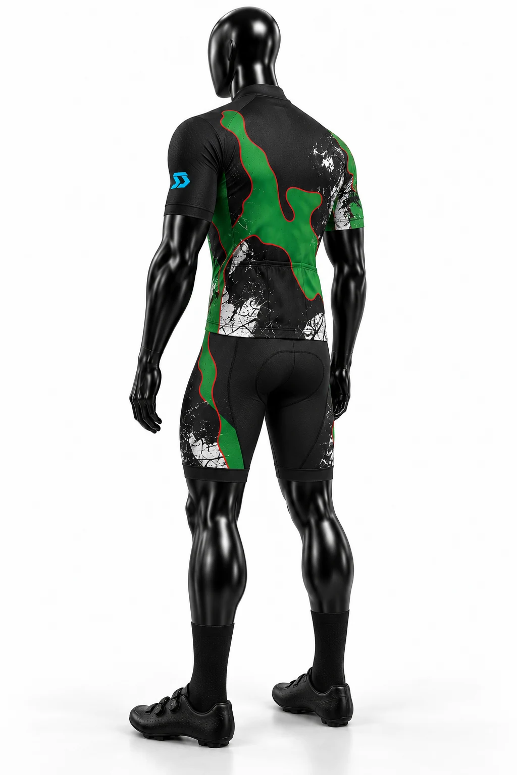 Black & Green Long-Sleeve Custom Cycling Uniform Back three quarter view