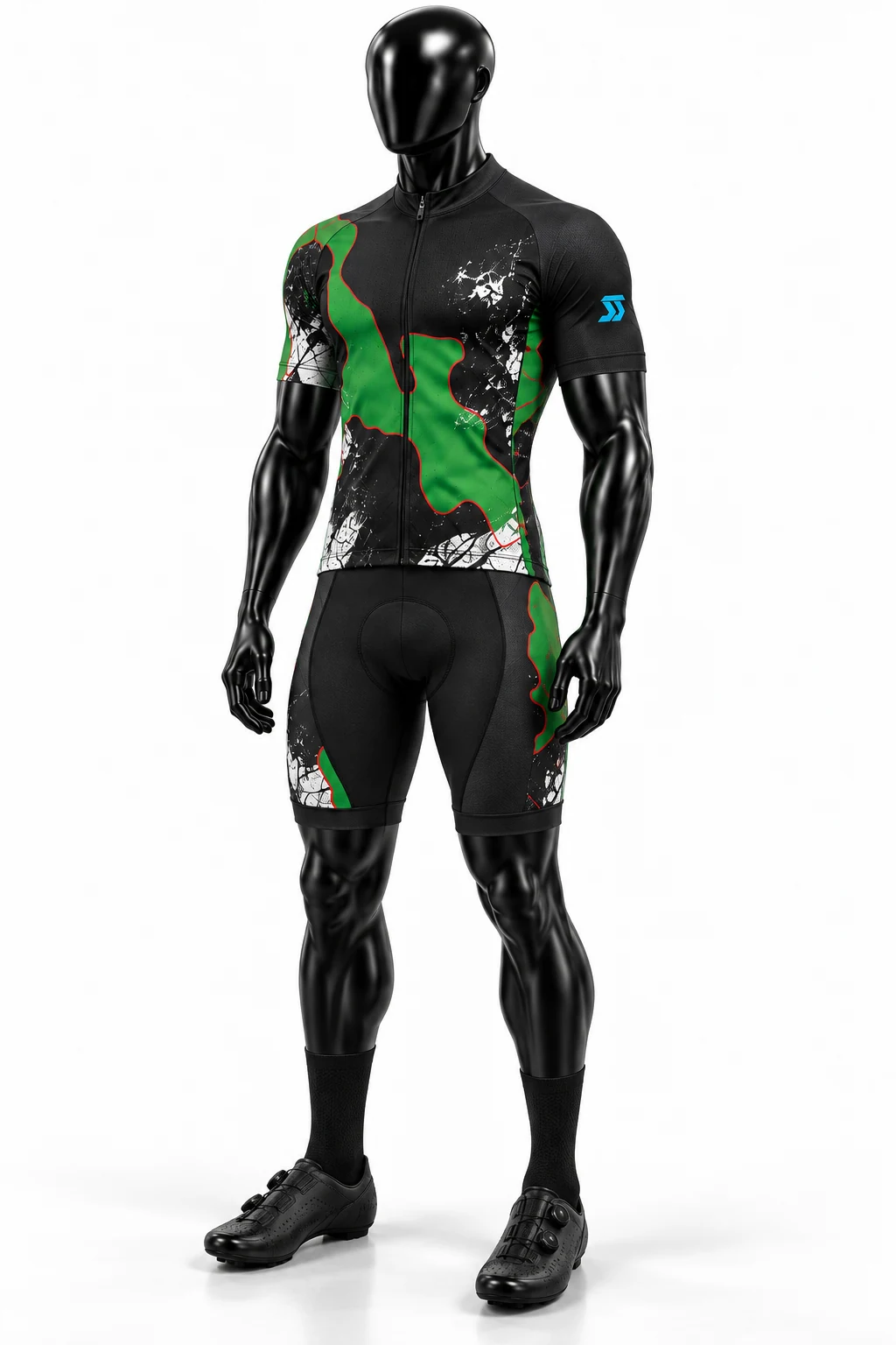 Black & Green Long-Sleeve Custom Cycling Uniform Front three quarter view