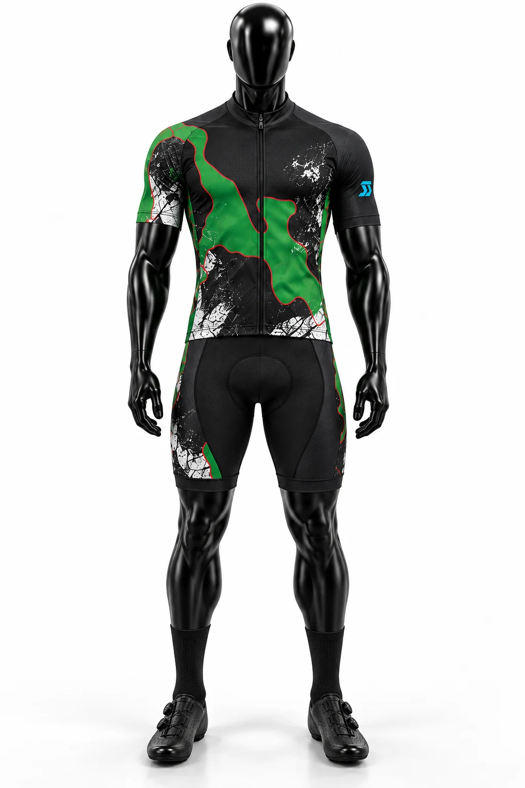 Black & Green Long-Sleeve Custom Cycling Uniform front view