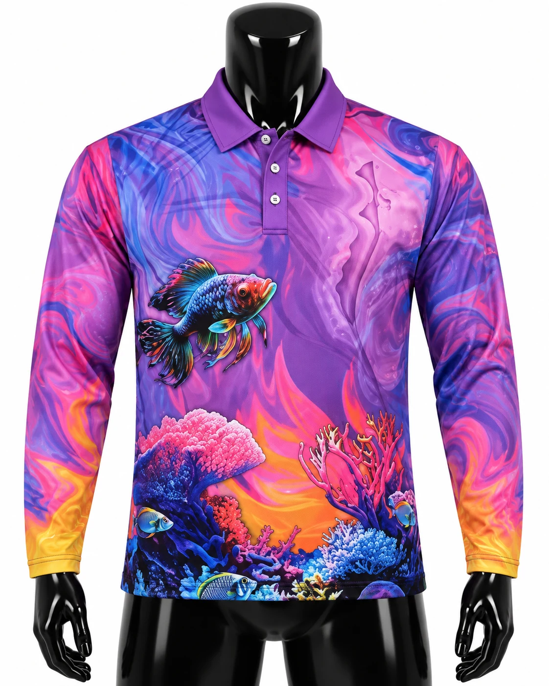Purple & Pink Coral Reef Fishing Polo Jersey front view