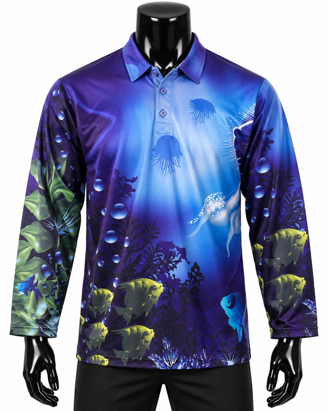 Blue & Purple Tropical Ocean Fishing Polo Jersey front view