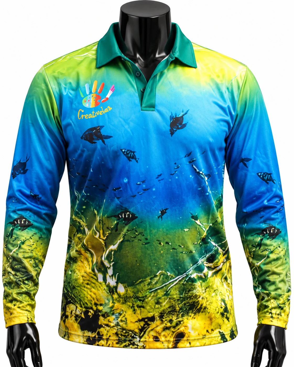 Aqua Blue & Yellow Underwater Fishing Polo Jersey front view