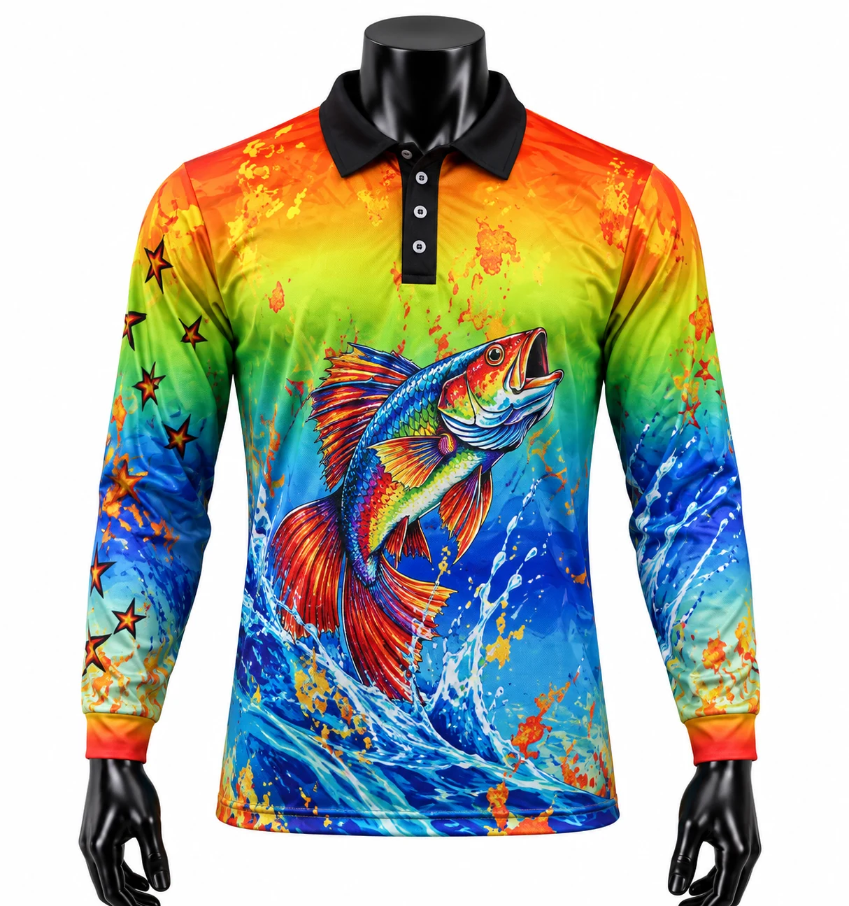 Orange, Lime & Blue Trophy Fish Fishing Polo Jersey front view