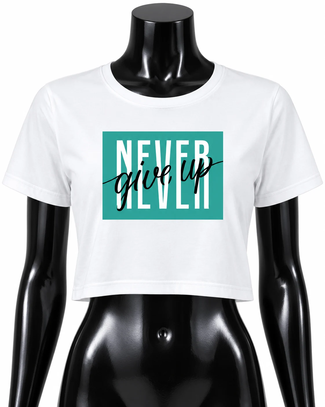 White Never Give Up Short-Sleeve Crop Top Front view